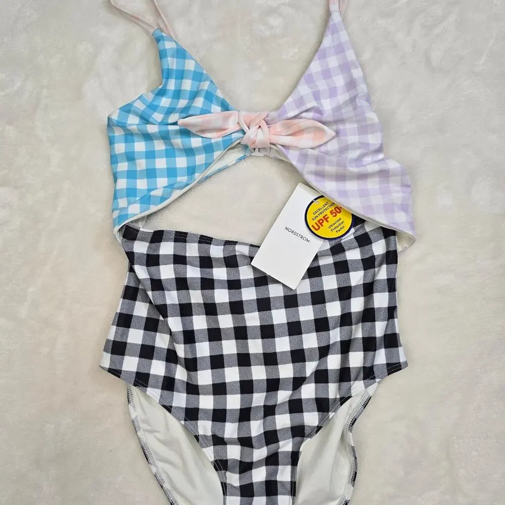 Nordstrom Gingham Print Cutout One-Piece Swimsuit size 12 Youth NWT